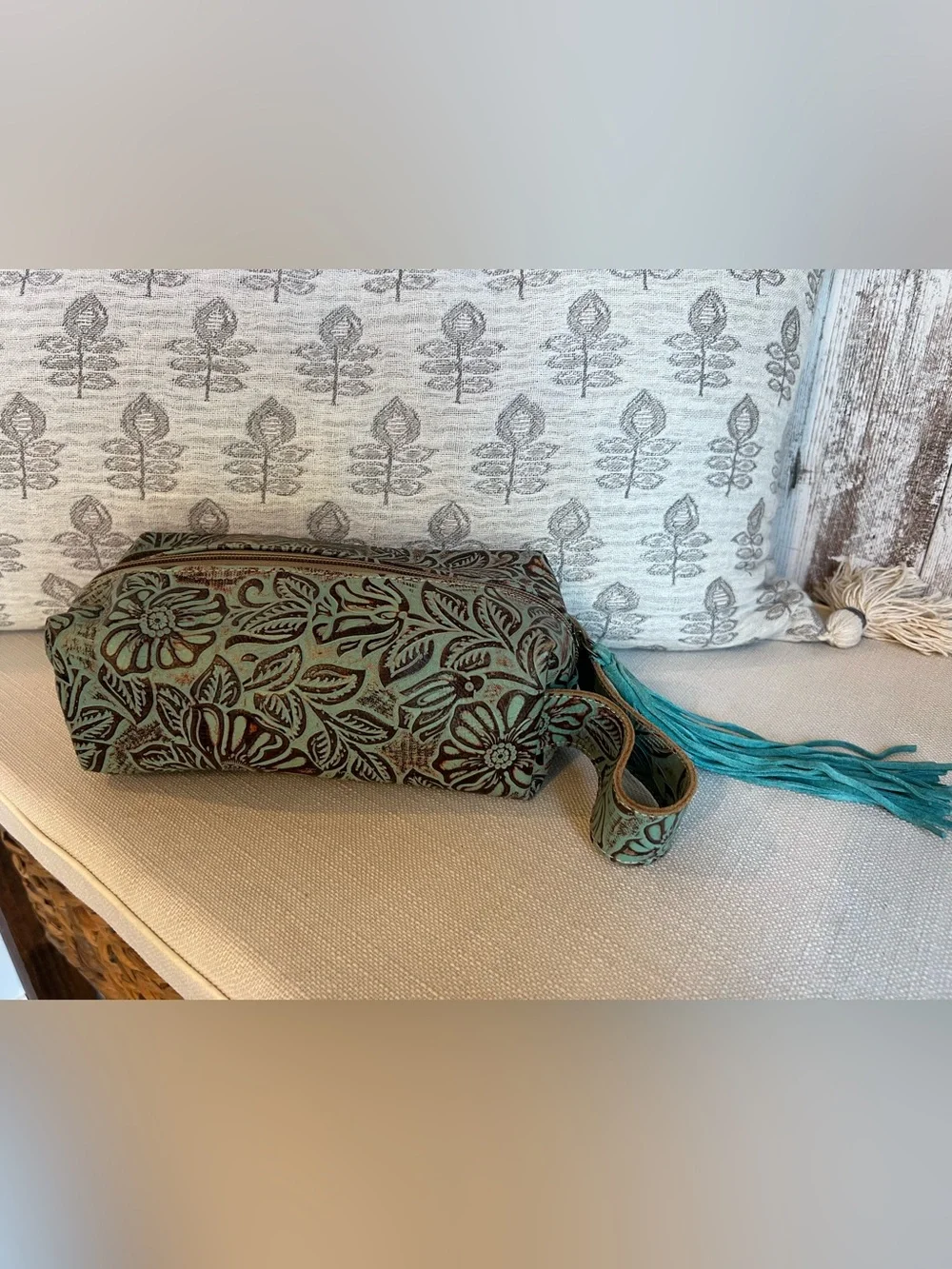Myra Bag Teal and Brown Embossed Floral Cosmetic Wristlet